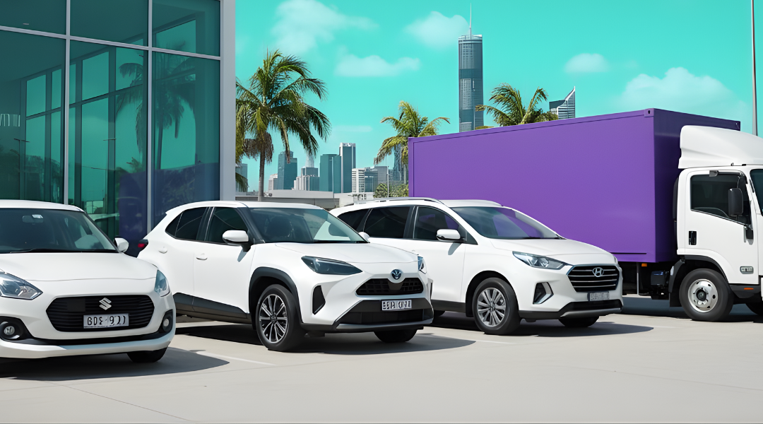 Variety of Alpha Car Hire vehicle sizes, including an economy car, SUV, and moving van, for rental in Australia.