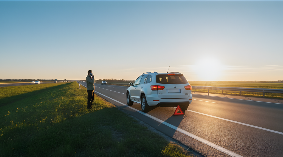 A person calling for roadside assistance for their white hire car, which is safely parked on the side of a sealed road.