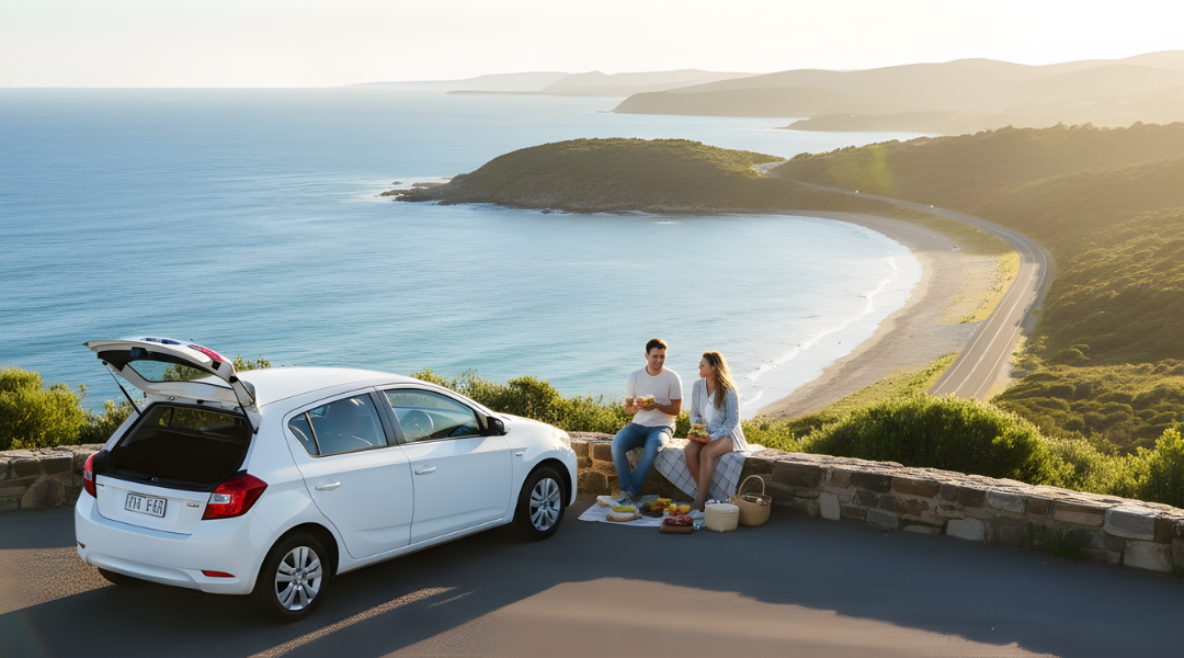 A couple enjoying a view from a scenic lookout with their white, budget-friendly hire car.