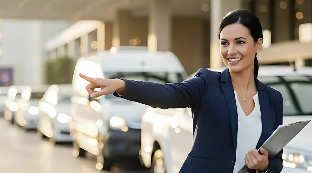 A confident female event coordinator holds a clipboard while managing vehicle logistics at a busy event.