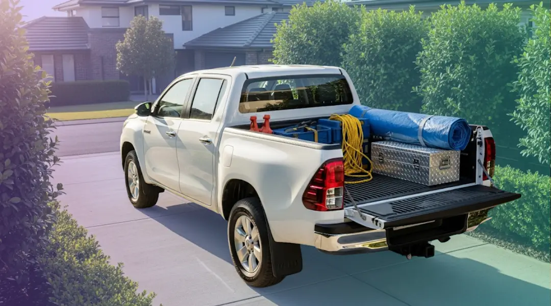 A white Toyota Hilux ute from Alpha Car Hire parked in a sunny Sydney driveway, ready for a weekend project