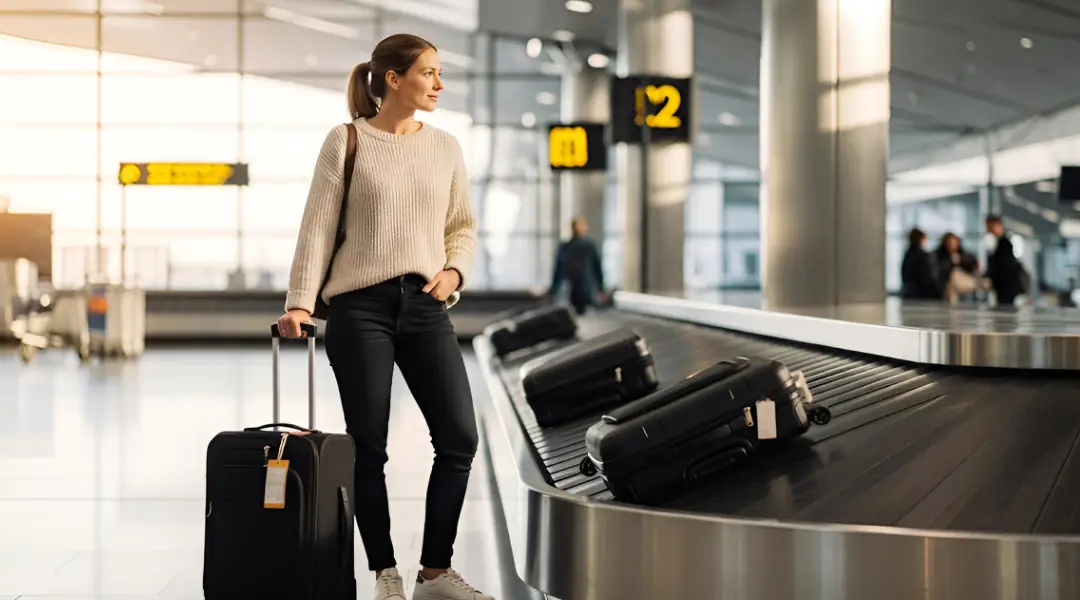 A female traveler stands at a baggage claim carousel, waiting for her luggage to arrive at the airport.
