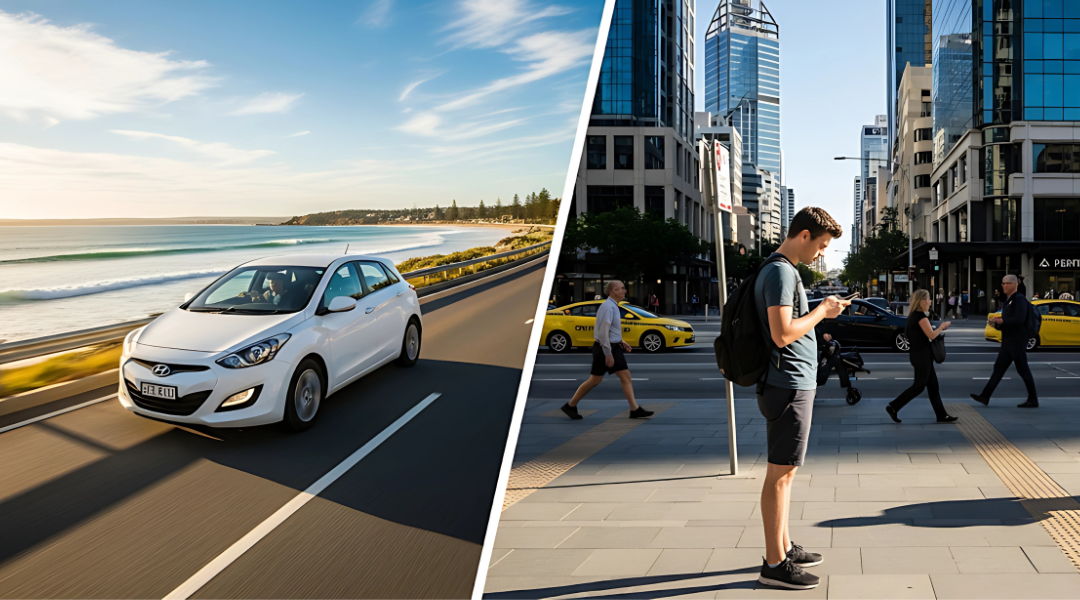 A split-screen image comparing a rental car driving on a scenic coastal road with a person waiting for a ride-share in a busy city.