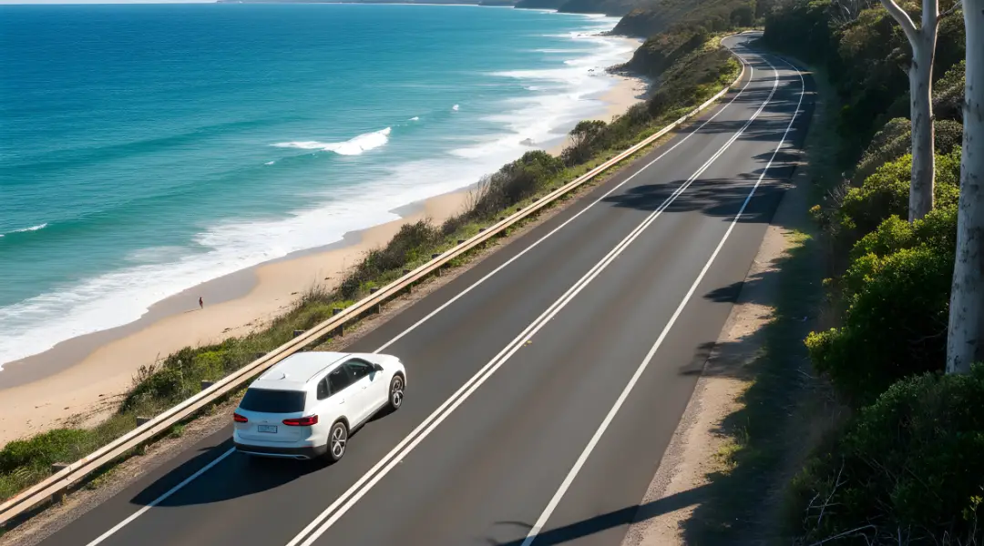 A white SUV driving on a scenic coastal highway in Australia, representing a first-time car rental road trip.