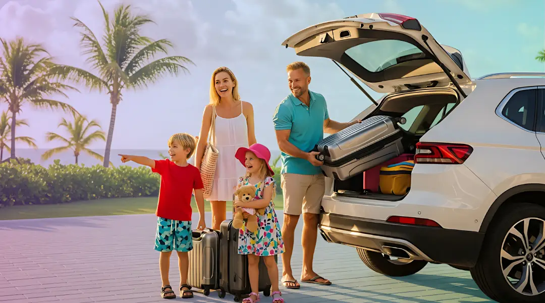 A happy family unloading luggage into the back of their white SUV rental car for their Gold Coast family holiday