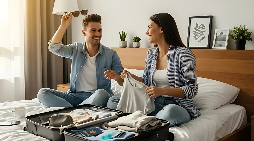 A happy young couple sitting on a bed, smiling and packing clothes and essentials into a suitcase, preparing for a trip.
