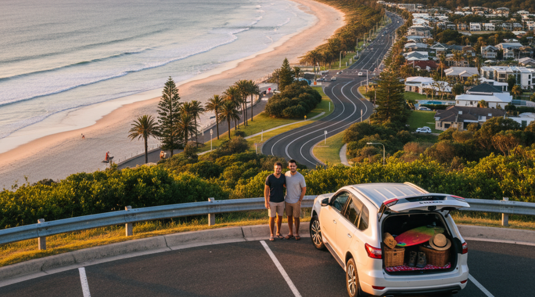 Couple standing by a silver rental car with the trunk open, packed for the beach, overlooking a scenic view of the Sunshine Coast coastline, beach, and mountains at sunset.