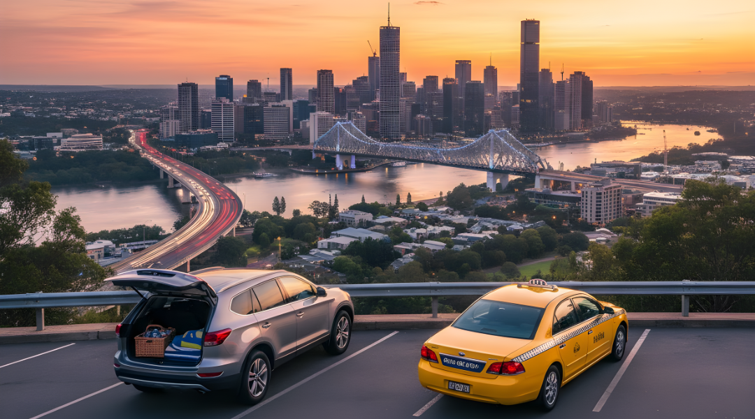 a silver rental car and a yellow taxi, overlooking the Brisbane cityscape and river at sunset, highlighting car hire freedom.