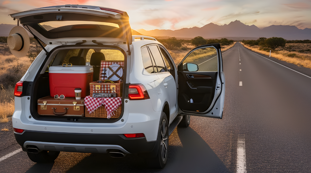 White rental car with trunk open and packed for a road trip, parked on an open highway at a vibrant sunset.