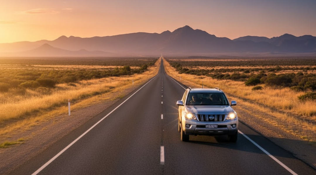 Silver Alpha Car Hire vehicle driving on a long, straight desert highway towards a distant mountain range at sunset, symbolizing unlimited travel.
