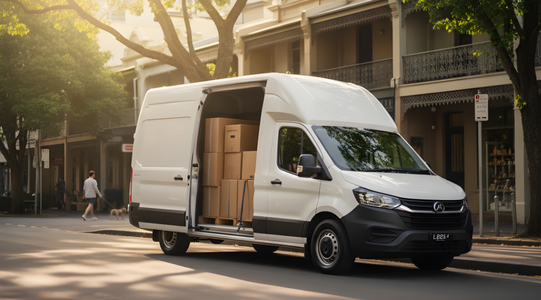 A white commercial moving van for hire in Sydney, ready for a business delivery or move.