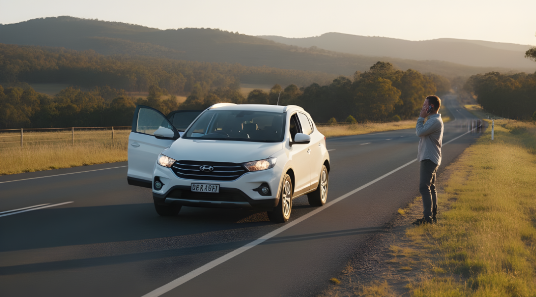 A person safely making a phone call after pulling their white hire car over to the side of a sealed road.