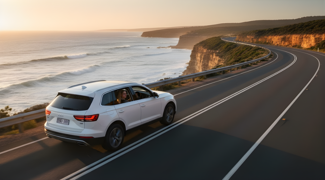 A white hire car on a sealed coastal road, perfect for a first-timer's Aussie road trip.
