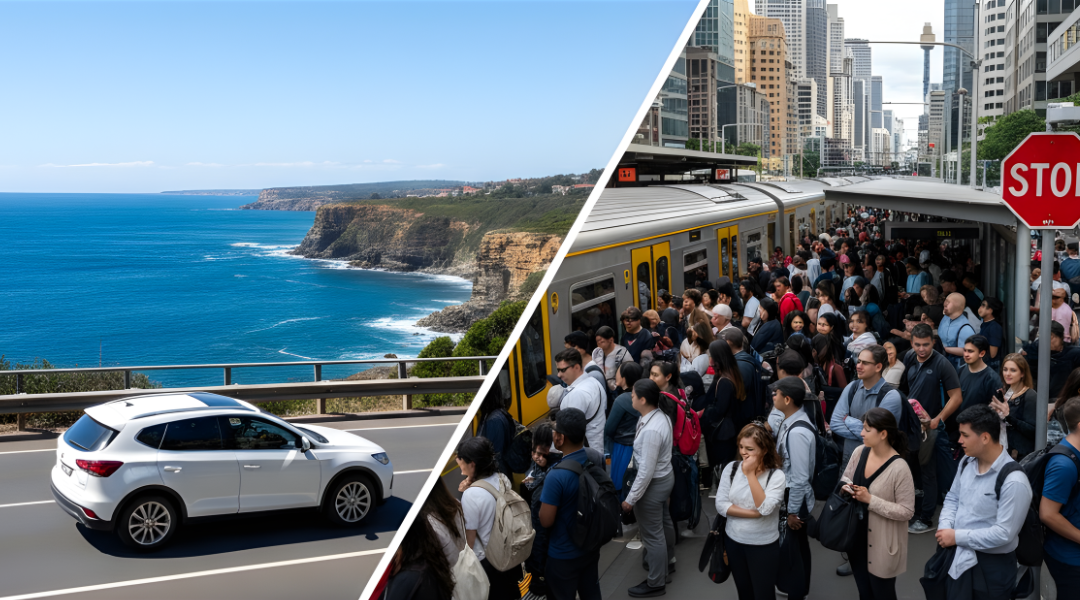 A comparison showing the freedom of a white hire car on a scenic road versus a crowded Sydney public transport option.