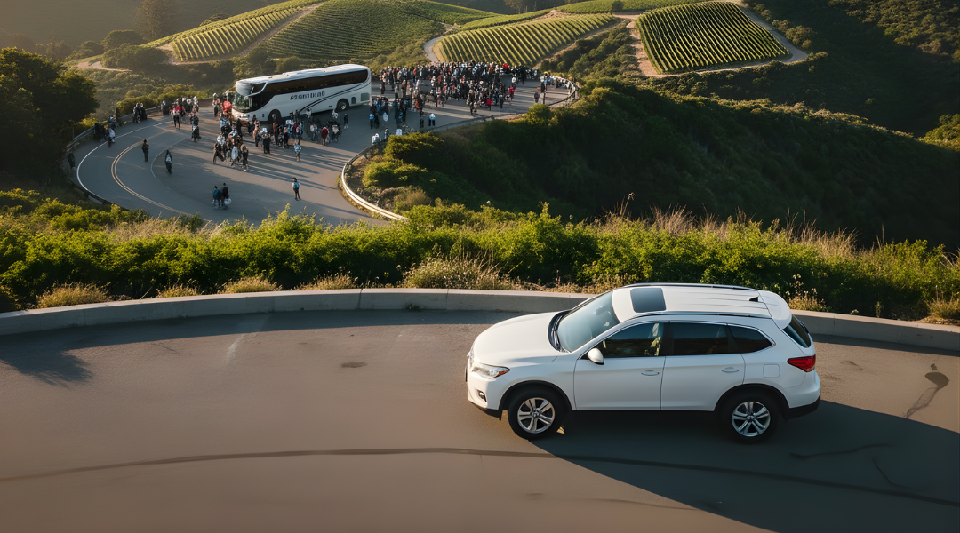 A white hire car parked at a quiet regional lookout, offering more freedom than a crowded tour bus.