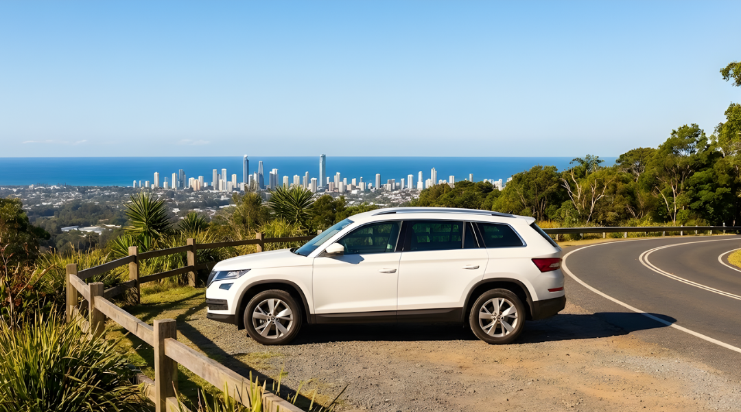 A white SUV parked at a Gold Coast hinterland lookout with the city skyline in the distance.
