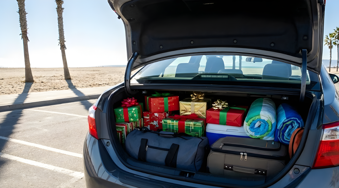 A rental car boot packed with Christmas presents and luggage for a summer road trip.