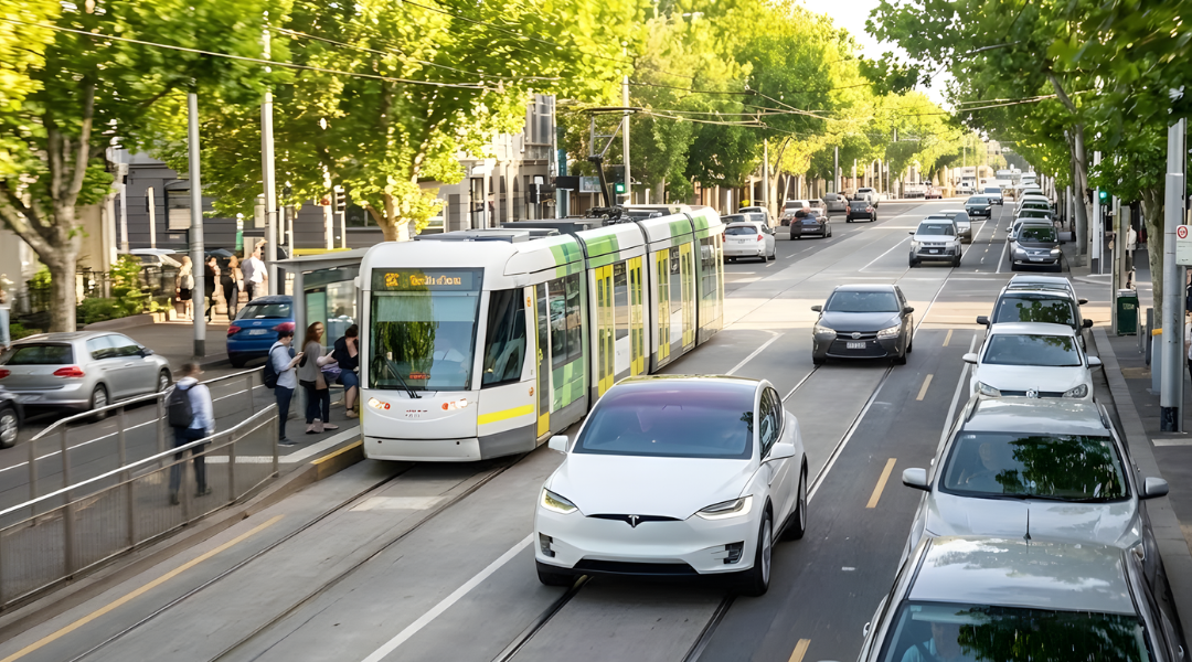 A sleek, white, unbranded SUV driving along a modern urban road in Melbourne (tram lines visible in the background or leafy city fringe vibe). It is a bright, sunny summer day.