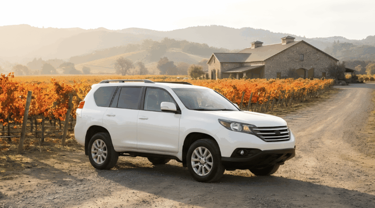 SUV parked on a gravel road next to a vineyard. The grapevines are vibrant orange and red (autumn foliage). In the background, rolling hills and a winery building are visible.