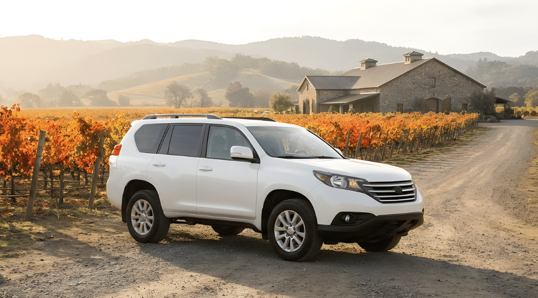 SUV parked on a gravel road next to a vineyard. The grapevines are vibrant orange and red (autumn foliage). In the background, rolling hills and a winery building are visible.