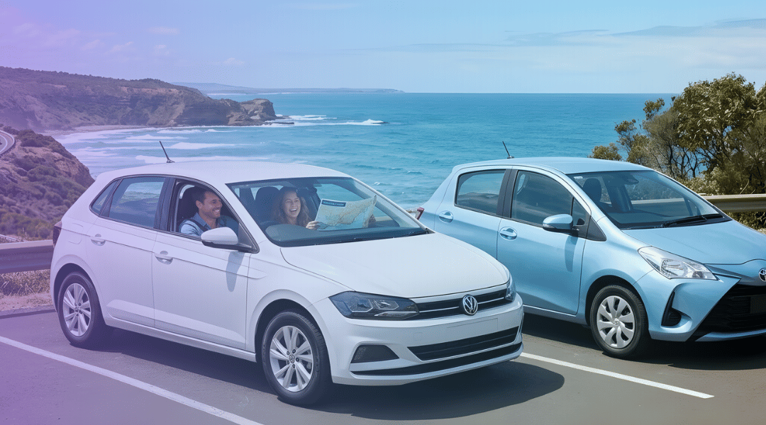 a compact white hatchback on the left and a slightly smaller economy light blue hatchback on the right—parked side-by-side on a smooth sealed asphalt surface overlooking a spectacular Australian coastal highway.