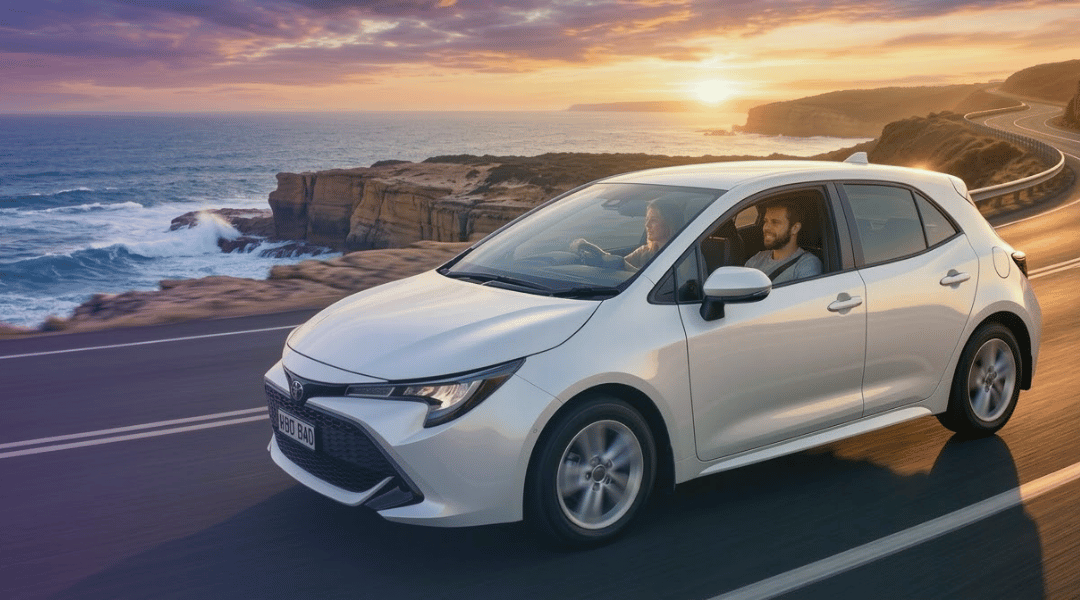 white modern compact hatchback gliding smoothly along a dramatic Australian coastal highway at sunset. Warm natural golden hour sunlight reflects beautifully off the car's polished surface, casting long soft shadows on the road.