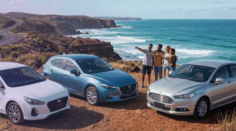 three distinct, unmarked modern vehicles—a compact white hatchback on the left, a slightly larger blue hatchback in the center, and a silver midsize sedan on the right—parked together at a scenic Australian coastal highway lookout.
