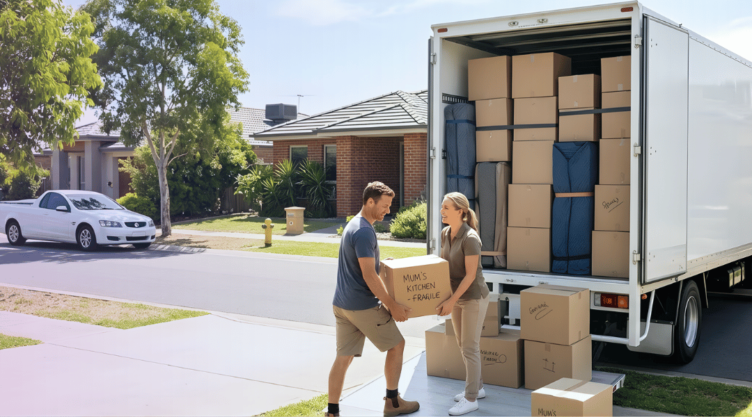 modern moving truck parked in a sunny suburban Australian driveway. The massive rear roll-up door is fully open, revealing a meticulously organized and perfectly stacked floor-to-ceiling load of uniform cardboard boxes, strapped furniture and padded equipment.