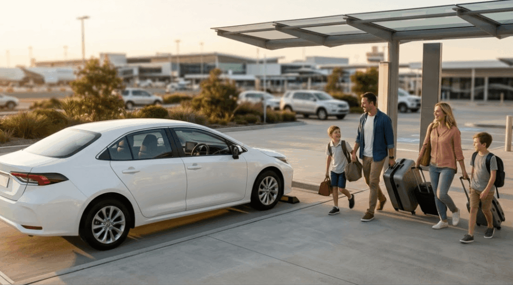Family loading luggage into a premium white rental car outside our Brisbane Airport car hire depot.