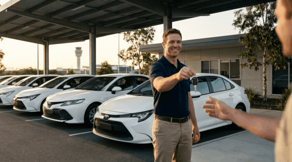 A friendly staff member handing over keys to a customer at our Brisbane Airport off-site car rental depot.