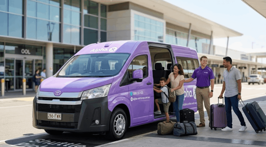 Alpha staff helping a family and their luggage onto a purple shuttle van at Gold Coast Airport.