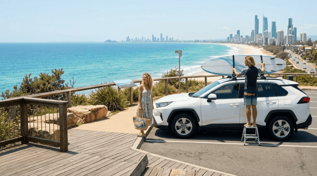 A family starting their holiday and unloading beach gear from a white rental car at a Gold Coast coastal lookout.