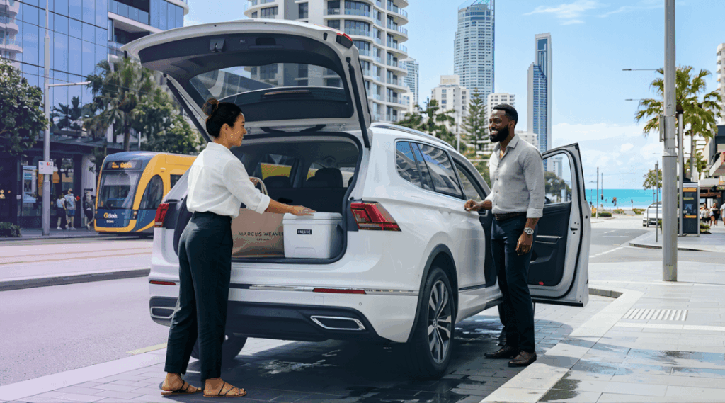 Our sophisticated urban couple loading a clean, white rental SUV with premium shopping and beach gear on a Gold Coast CBD street, with immediate access to the iconic Surfers Paradise skyline.