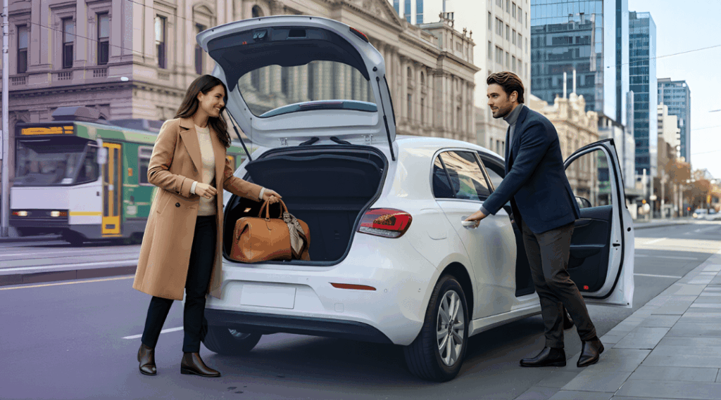A stylish couple loading a white compact rental hatchback on a vibrant Melbourne CBD street with a classic city tram in the background.