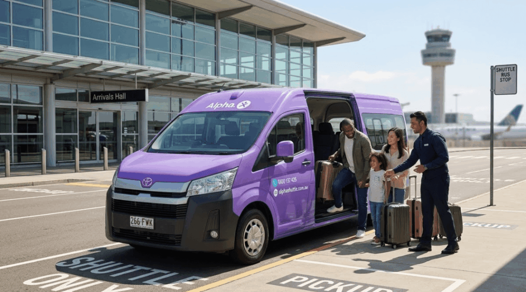 A diverse family and their luggage boarding our purple shuttle bus outside the Sydney Airport (SYD) terminal.