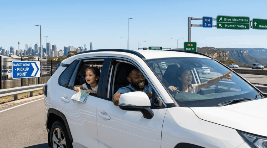 A diverse couple launching a Blue Mountains and regional New South Wales road trip in a clean, white rental SUV from our Sydney Mascot depot pickup point.