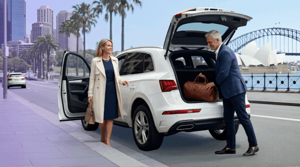 A sophisticated mature couple loading luggage into a premium white rental SUV on a sealed Sydney street with the Harbour Bridge in the background.